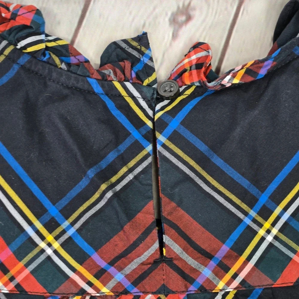 J. Crew Womens BN162 Tartan Plaid Ruffle Neck Puff Sleeve‎ Cotton Top Small